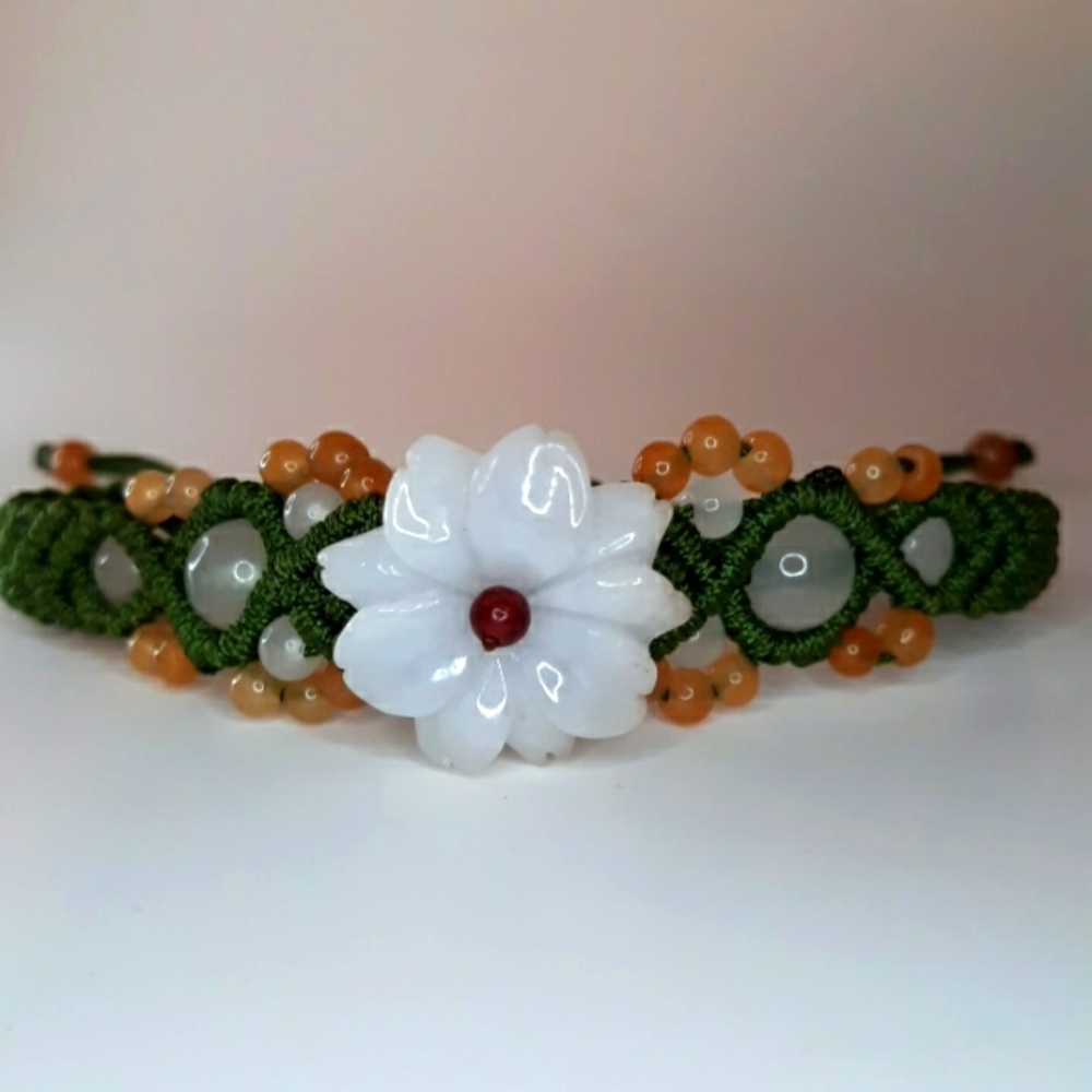 Jade Bracelet Beaded Green Woven Band Fits 6" Wrist & Up Adjustable